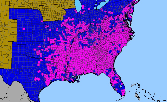 The range of Pueraria montana var. lobata