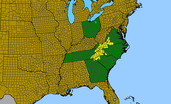 The range of Tsuga caroliniana